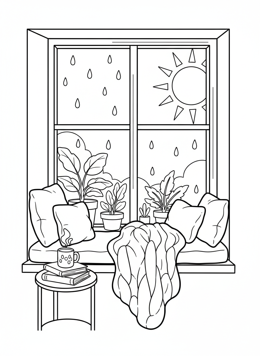 A sunny window seat with fluffy cushions, a warm blanket, and raindrops sliding down the glass.