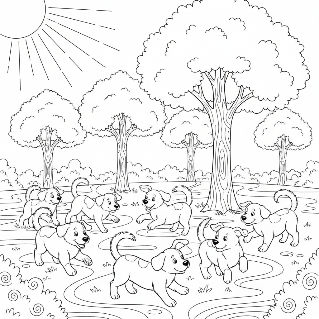 A group of playful puppies chasing their tails in a sunny dog park filled with trees.
