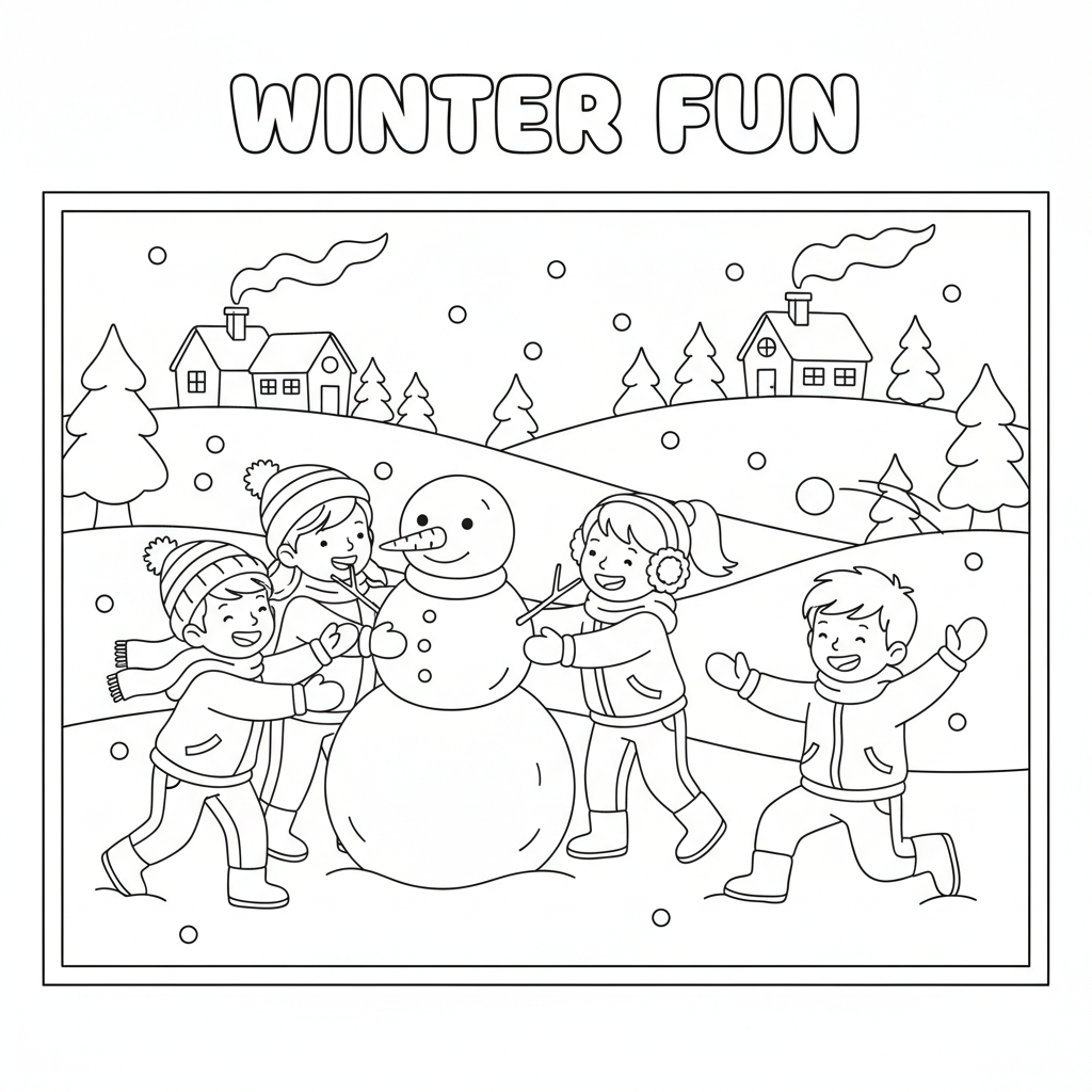 A group of children building a snowman together, laughing and throwing snowballs in a snowy village.