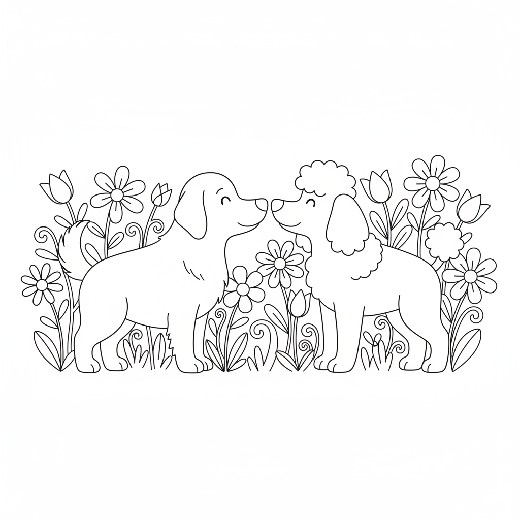 Dogs touching noses in a field of flowers