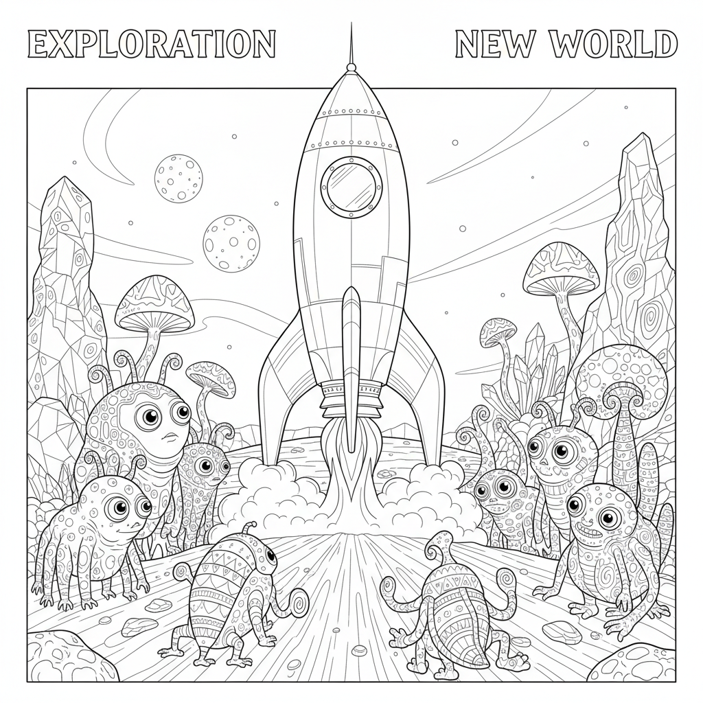 A rocket landing on a distant planet with alien creatures watching curiously.