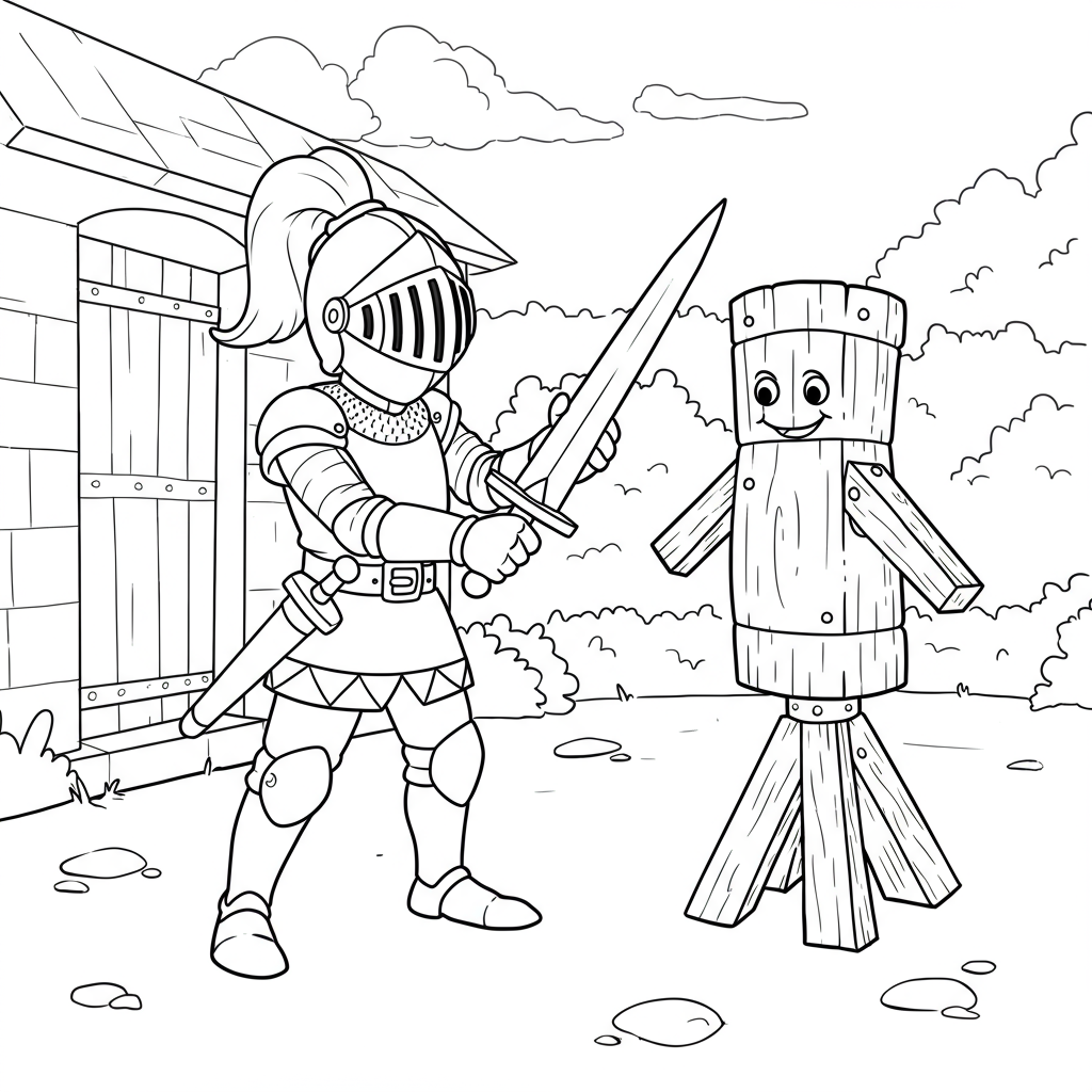 A knight practicing sword fighting with a wooden dummy in a sunny courtyard.