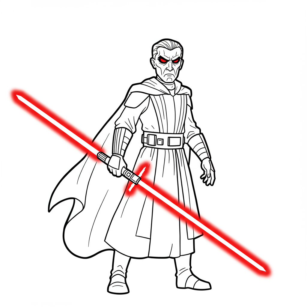 A fearsome Sith lord with a red lightsaber, surrounded by dark shadows.