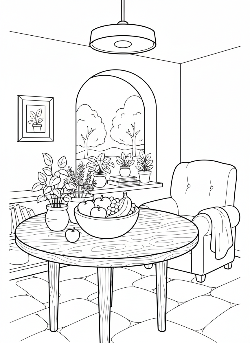 A welcoming kitchen corner with a wooden table, fresh herbs in pots, and a bowl of fruit on display.