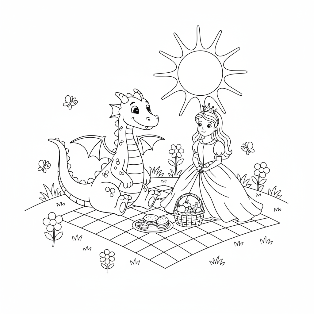 A friendly dragon sitting next to a princess, both enjoying a picnic on a sunny day.