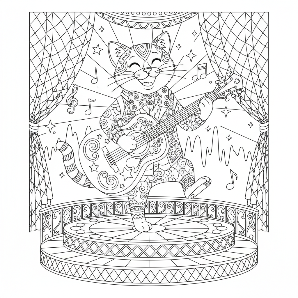 A cheerful cat playing a big guitar while dancing on a stage.