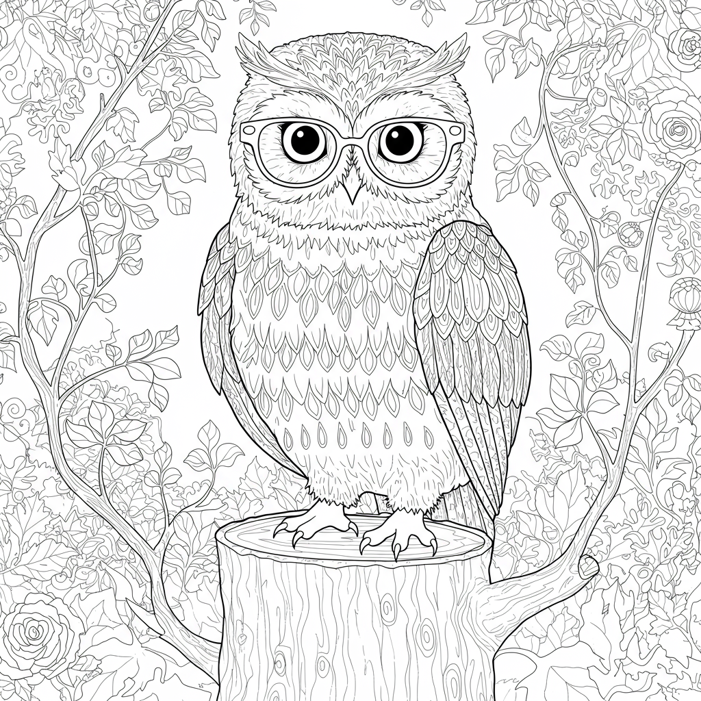 A wise old owl perched on a tree trunk, wearing cute glasses.