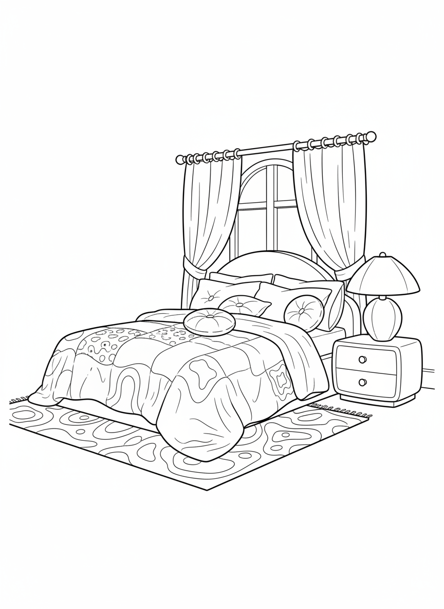 A bed piled high with quilts and pillows next to a nightstand with a lamp