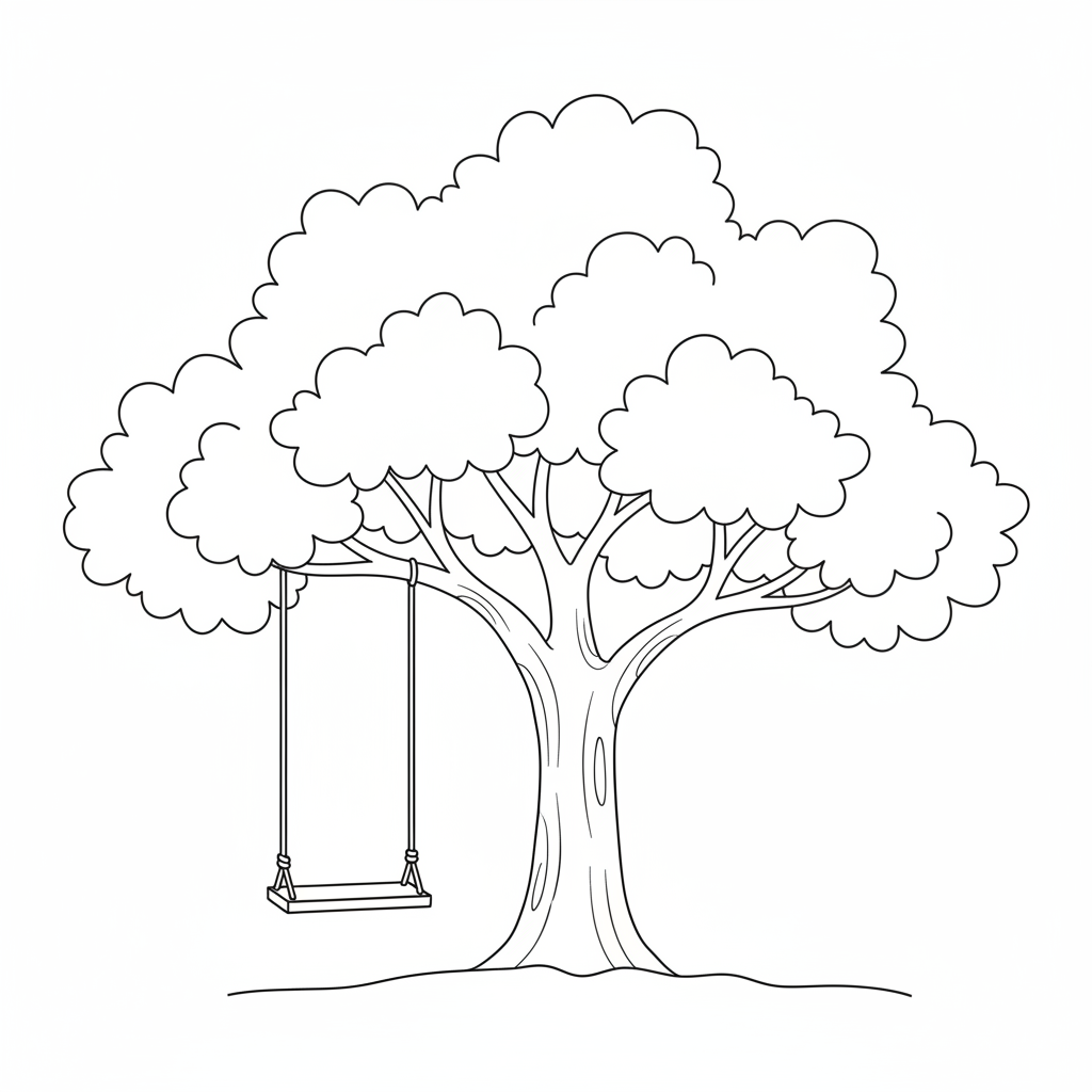 A tall oak tree with a swing hanging from one of its strong branches.