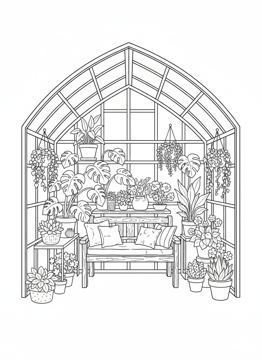 A greenhouse full of potted plants with a worn wooden bench