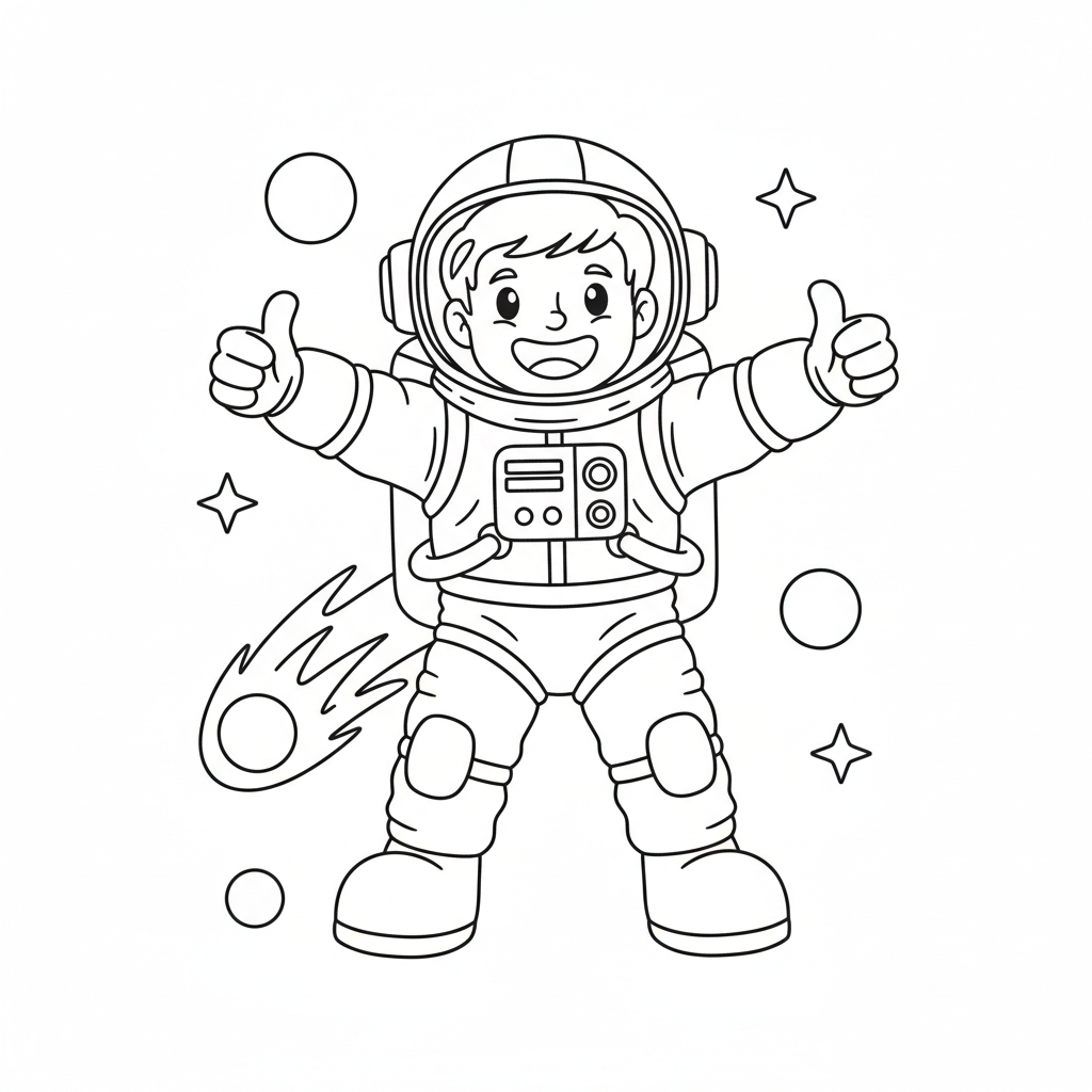 An adventurous astronaut floating in space with a jetpack and a big smile.