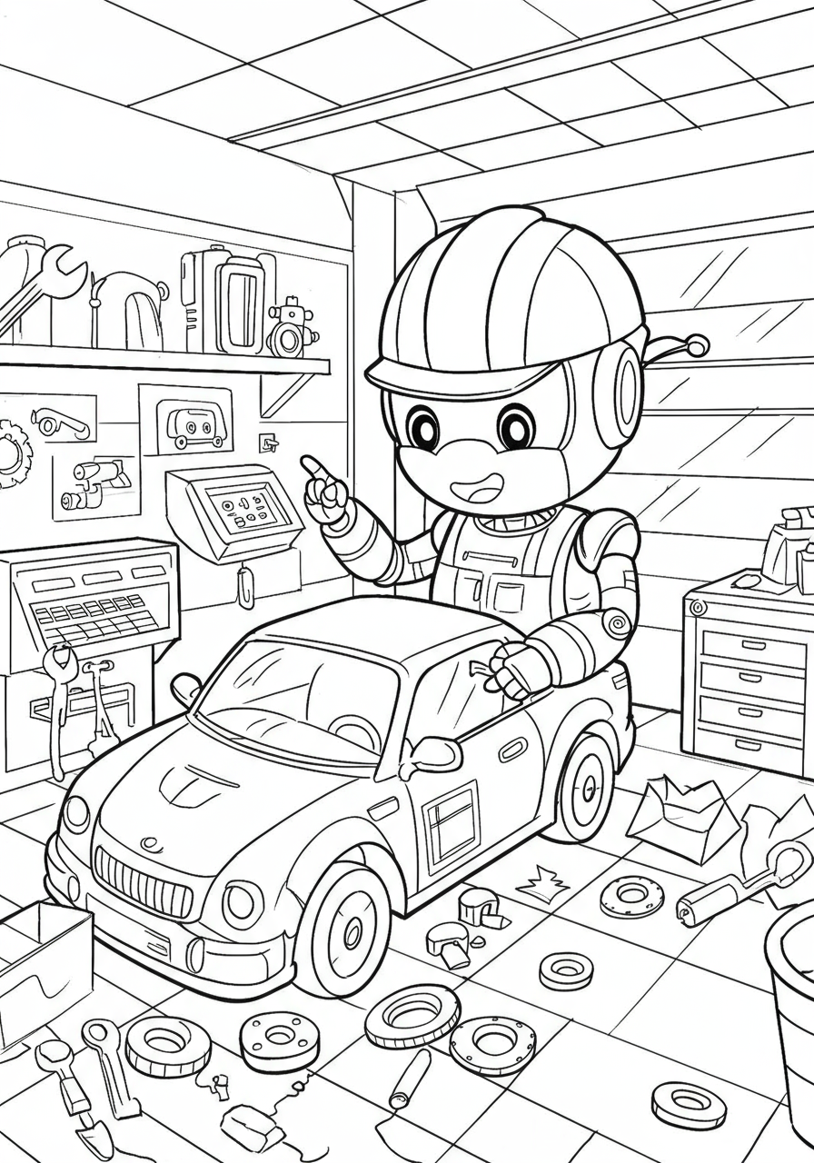 A tiny robot mechanic fixing a shiny car in a busy robot garage, surrounded by tools and spare parts.