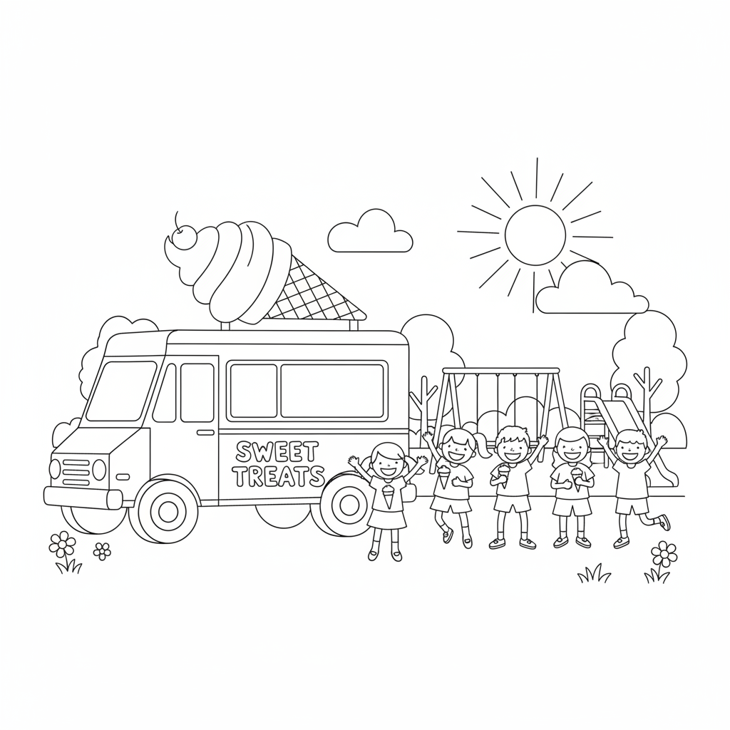 A colorful ice cream truck with a giant ice cream cone on top, parked at a sunny park with kids waiting excitedly.