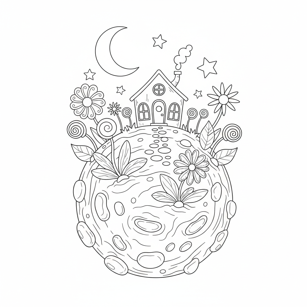 A small, rocky planet with a cozy little house and a garden of alien flowers.