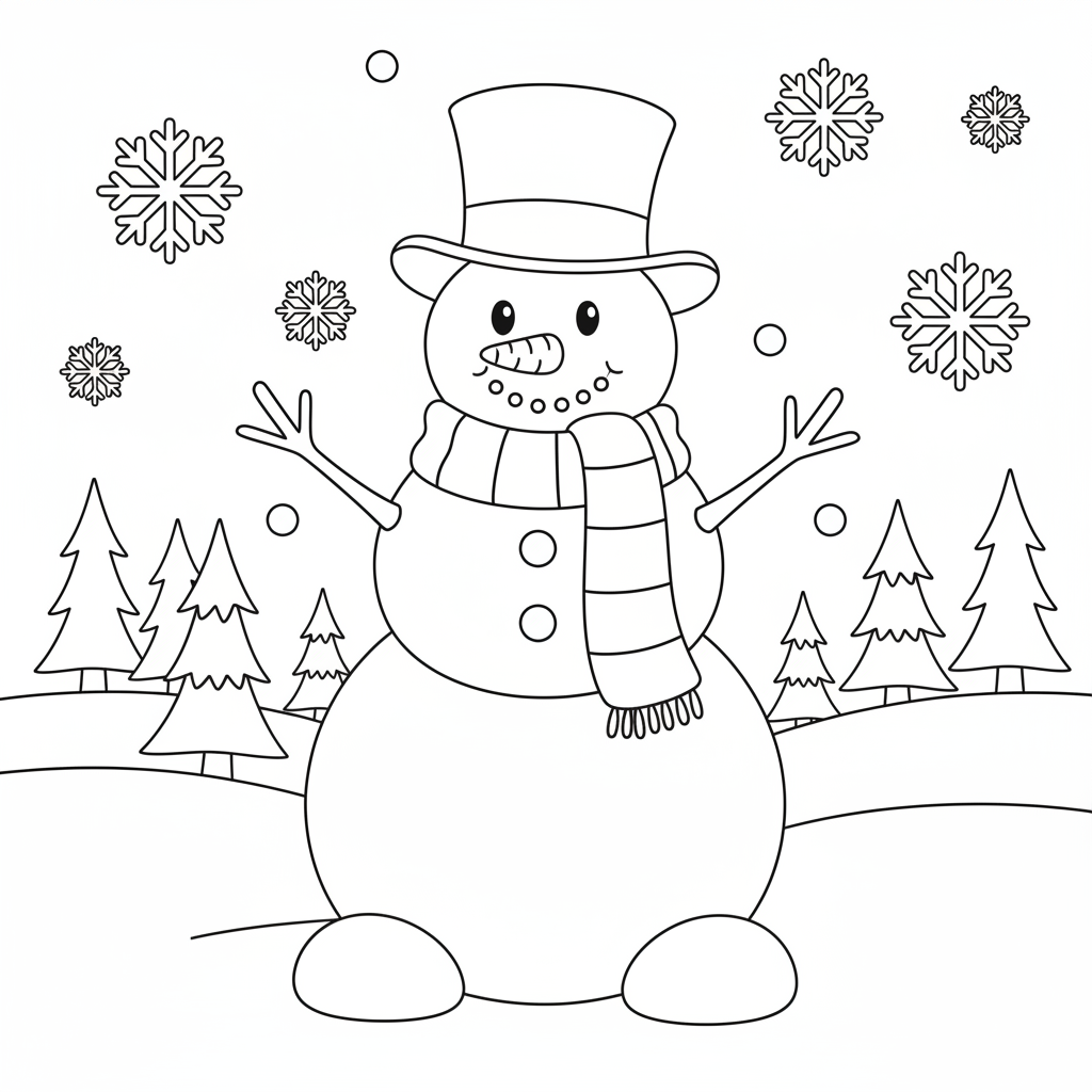 A cheerful snowman wearing a colorful scarf and a top hat, standing proudly in a winter wonderland.