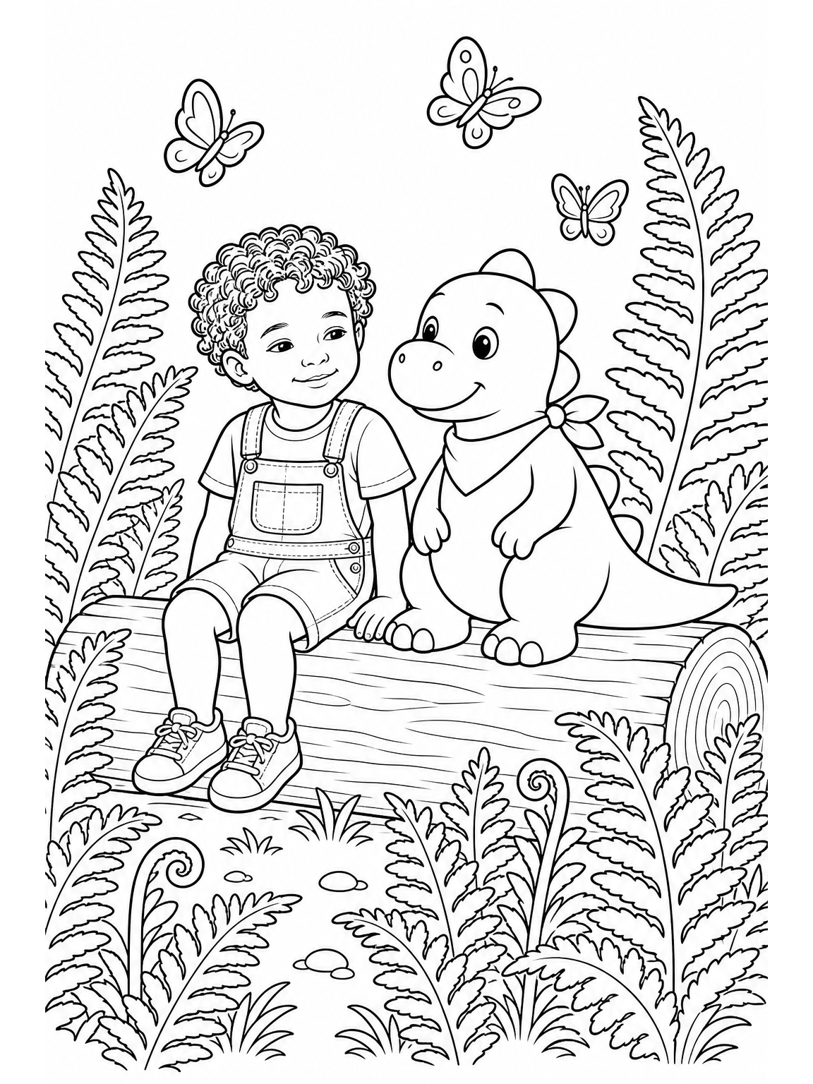 @avery and @sprout sitting together on a log in a fern-filled clearing, surrounded by tall ferns and butterflies fluttering around.