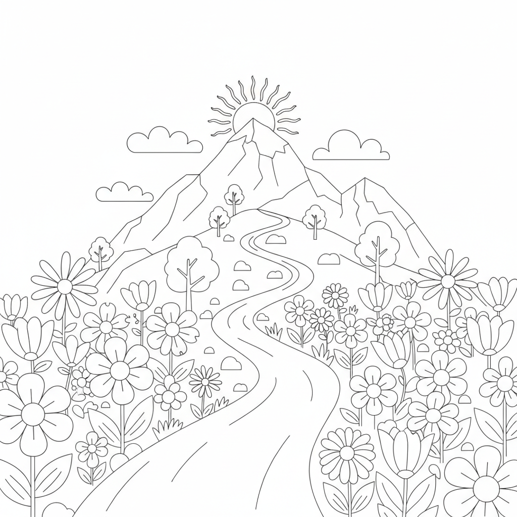 A winding path leading up a mountain with colorful wildflowers on either side.