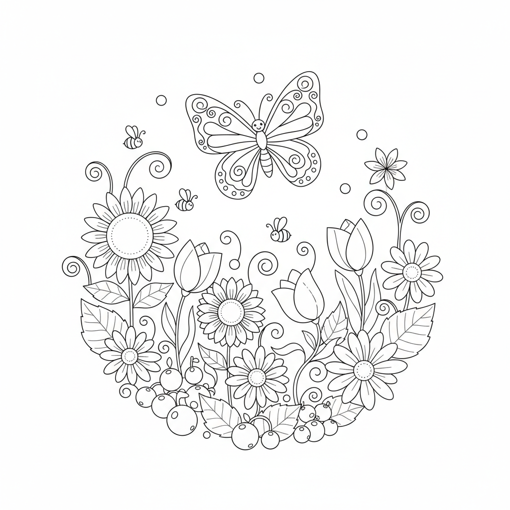 A playful butterfly fluttering above a garden filled with various plants.