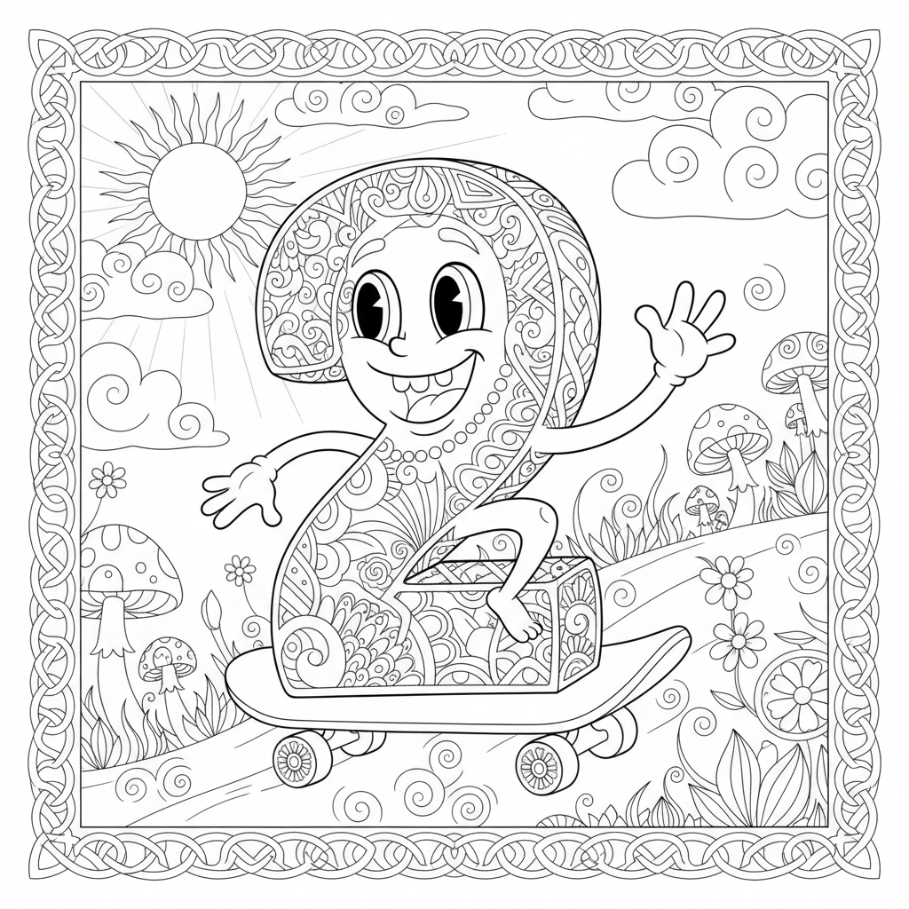 A playful number two riding a skateboard down a hill with a big smile.