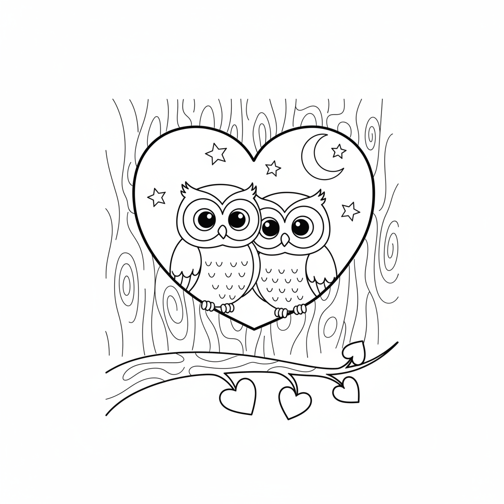 Owl couple in a heart-shaped tree hollow