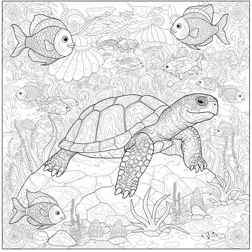 A wise old turtle resting on a rock while fish swim around it.