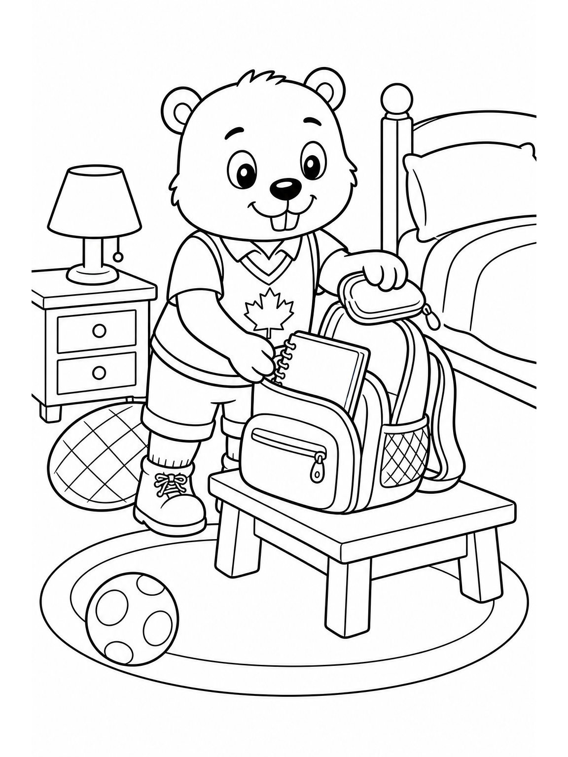 @maple getting ready for the first day of school in a cozy bedroom, carefully placing a pencil case and notebook into an open backpack on a small bench, looking excited with a hint of nervousness