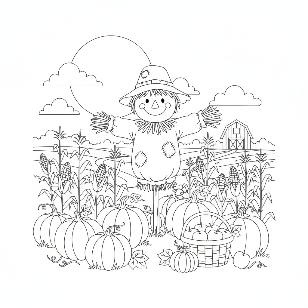 A harvest scene with pumpkins, corn, and a friendly scarecrow in a field.