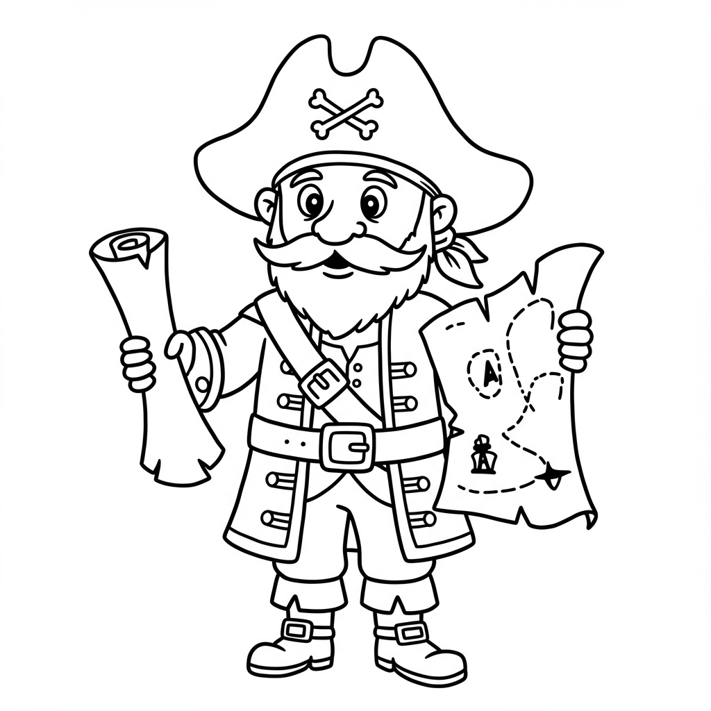 A jolly pirate captain with a big hat and a treasure map in hand.