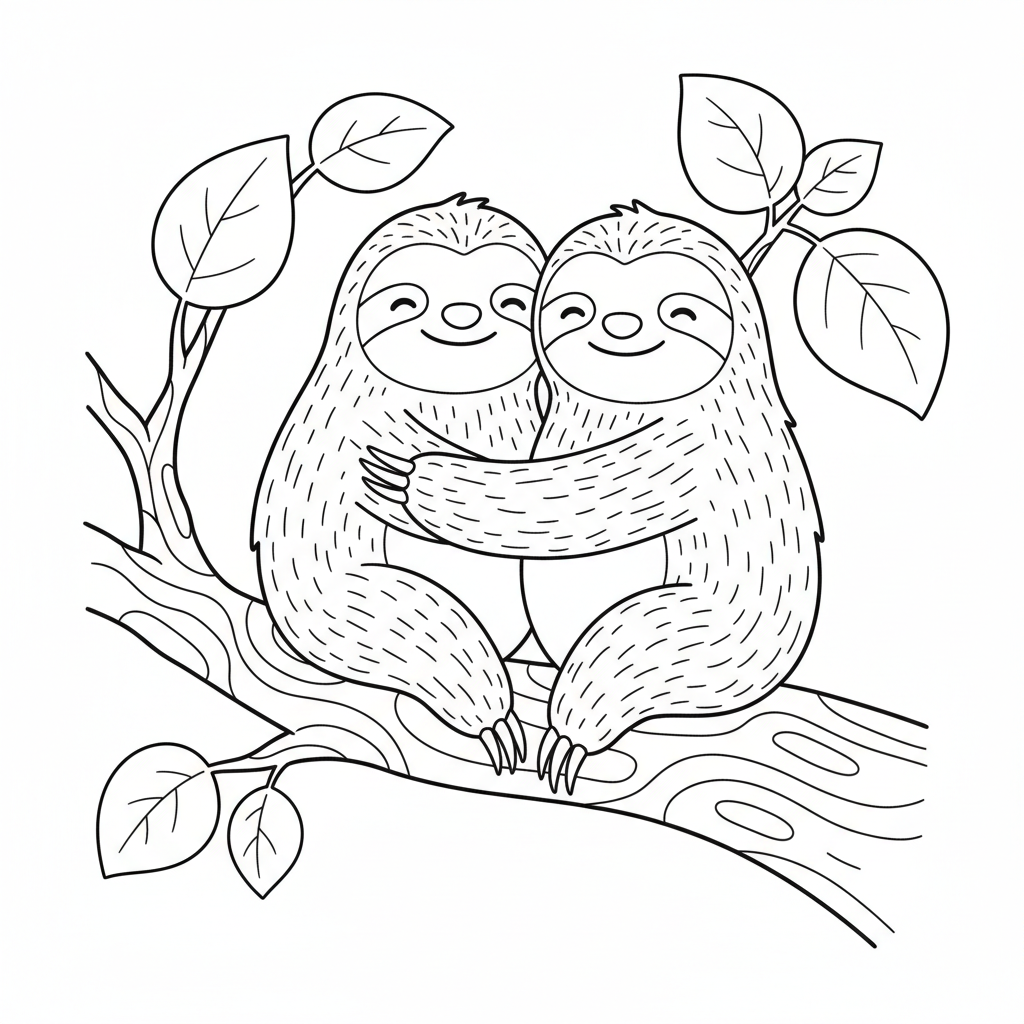 Two sloths hugging on a branch