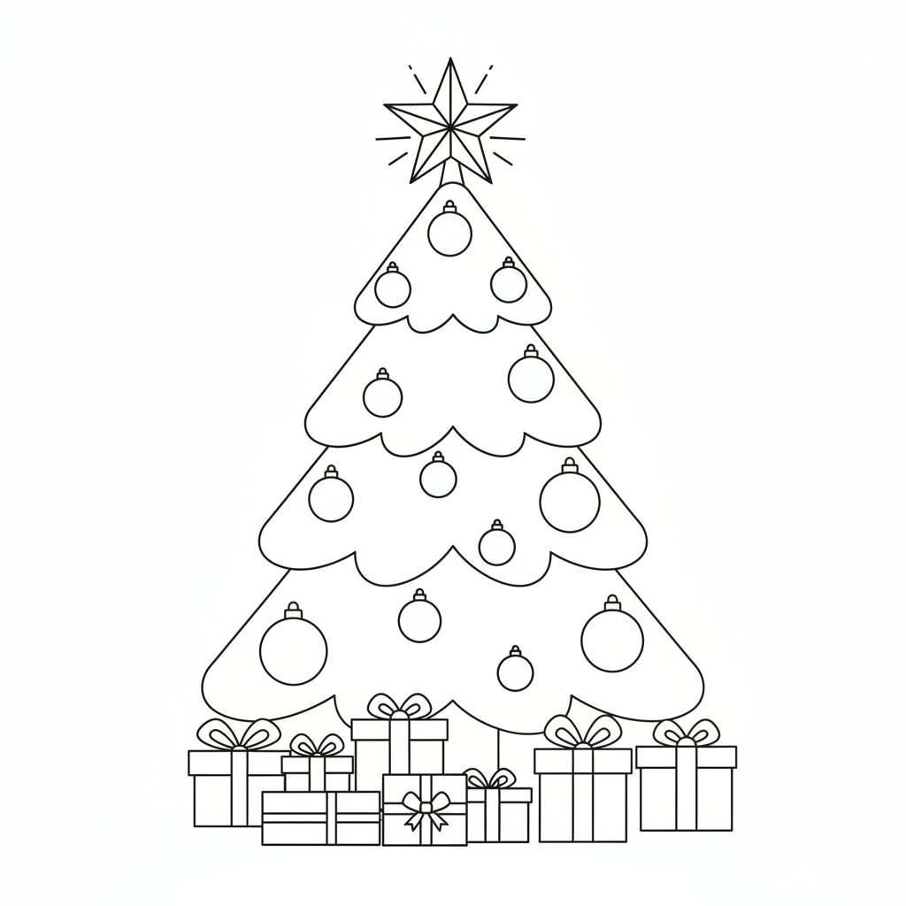 A festive tree decorated with sparkling ornaments and a shining star on top, surrounded by wrapped presents.