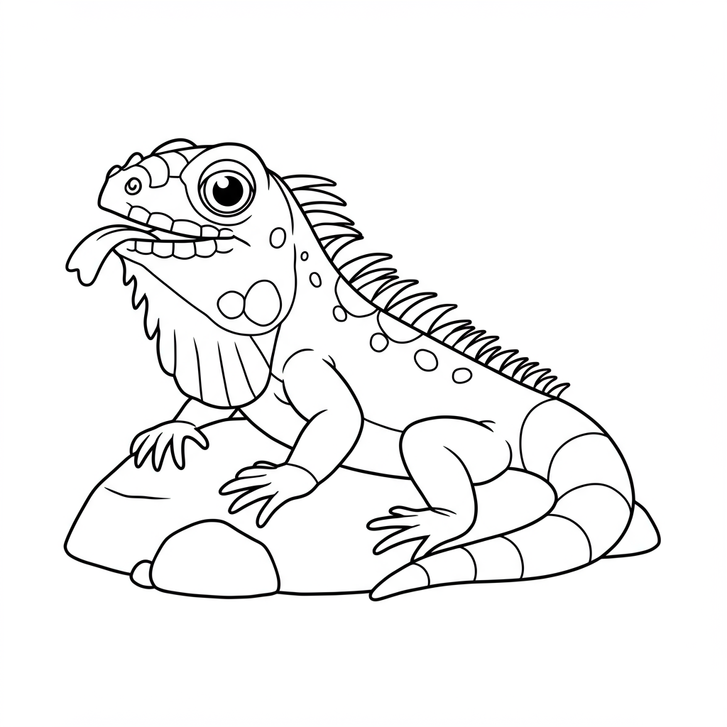 A vibrant iguana lounging on a sunny rock with its tongue out.