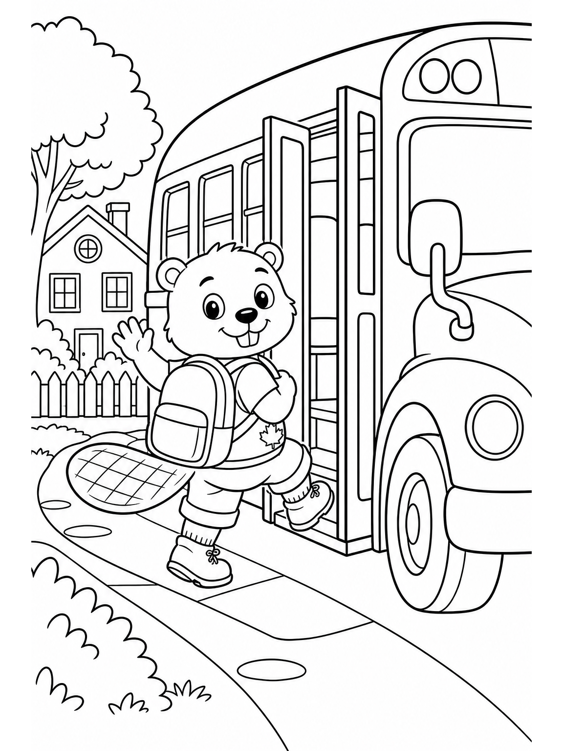 @maple wearing the backpack and stepping onto a friendly rounded school bus, turning back to wave with a brave smile, with the bus door and a simple neighborhood background