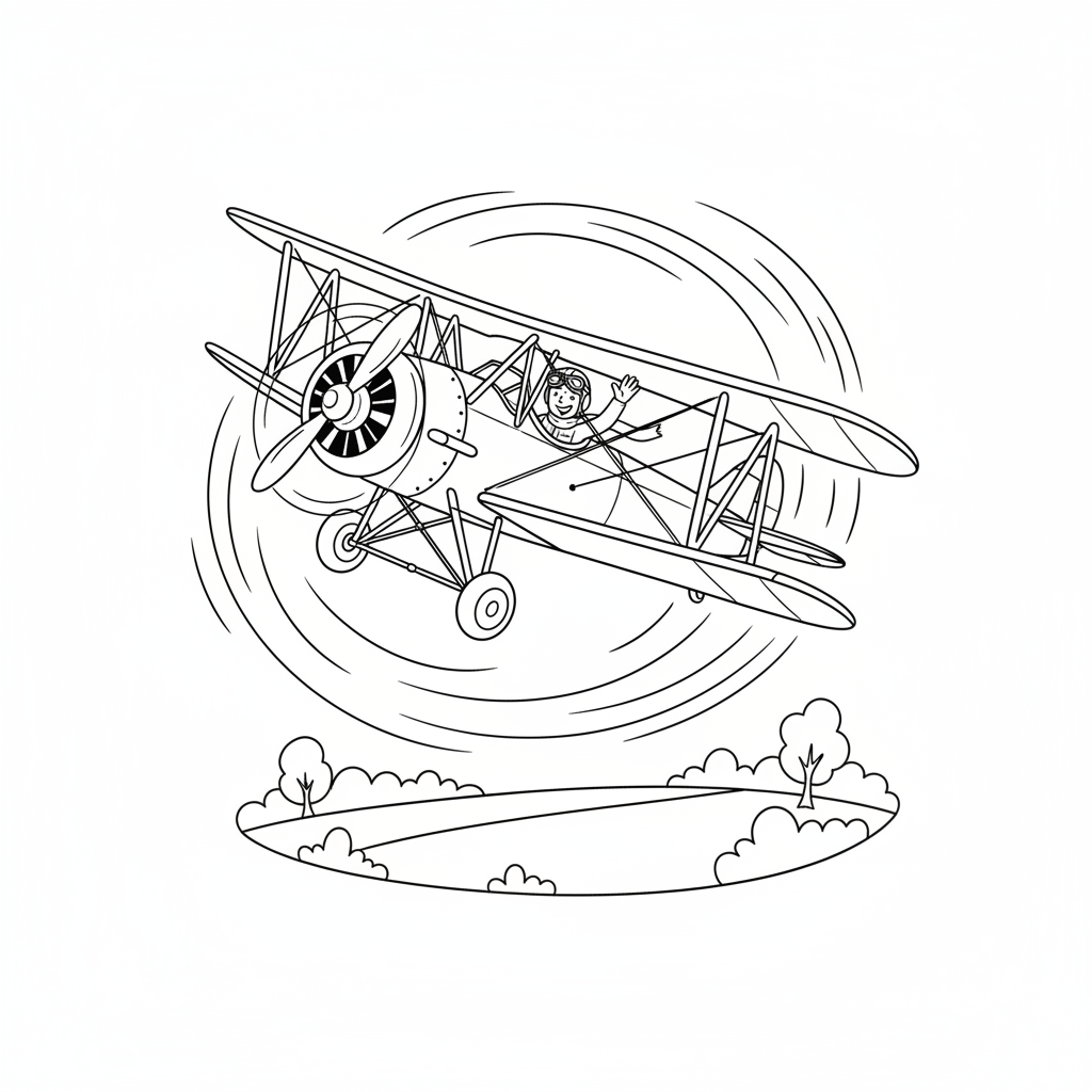 A pilot waving from the cockpit of a vintage biplane as it performs a loop-de-loop.