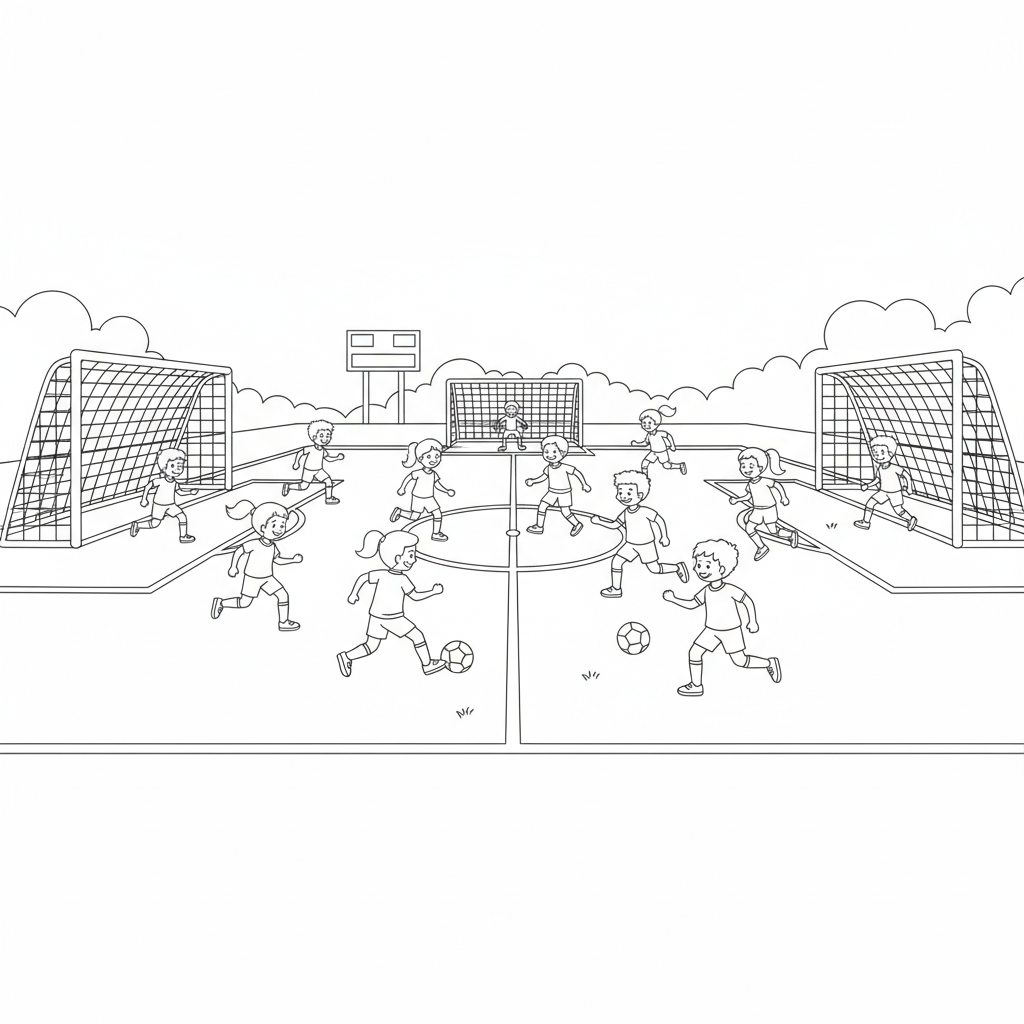 A big soccer field with goalposts at each end and kids playing a game together.