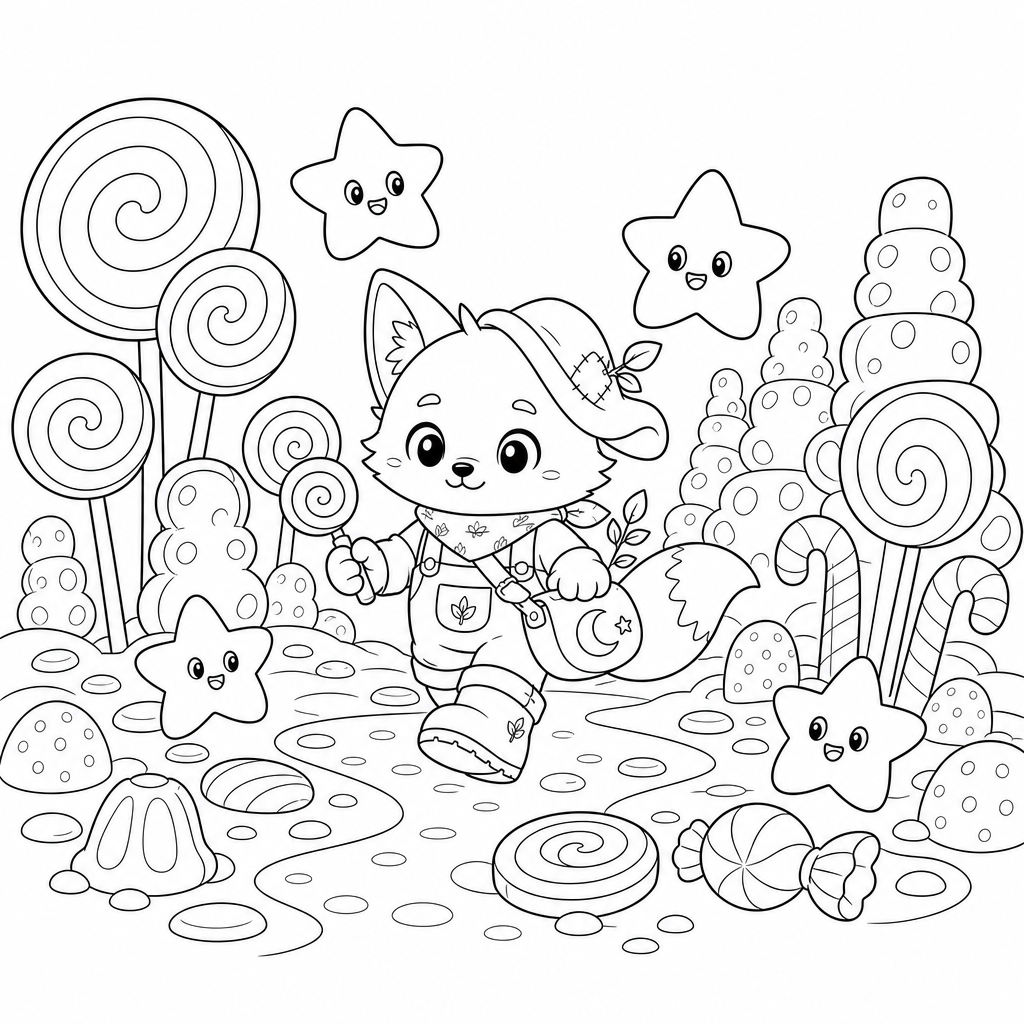 @milo exploring a planet made entirely of candy, with oversized lollipops and gummy trees, while a group of friendly star creatures join him for a sweet adventure.