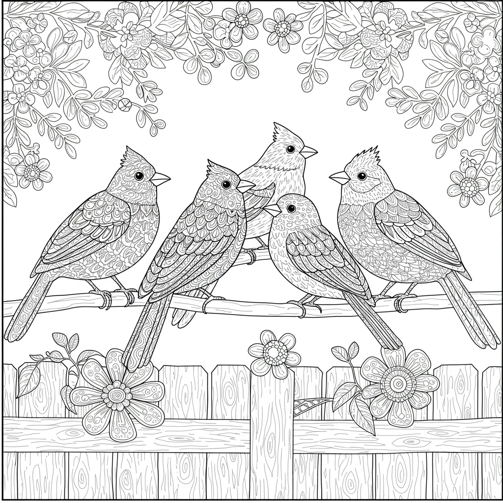 A group of colorful songbirds singing happily on a fence.