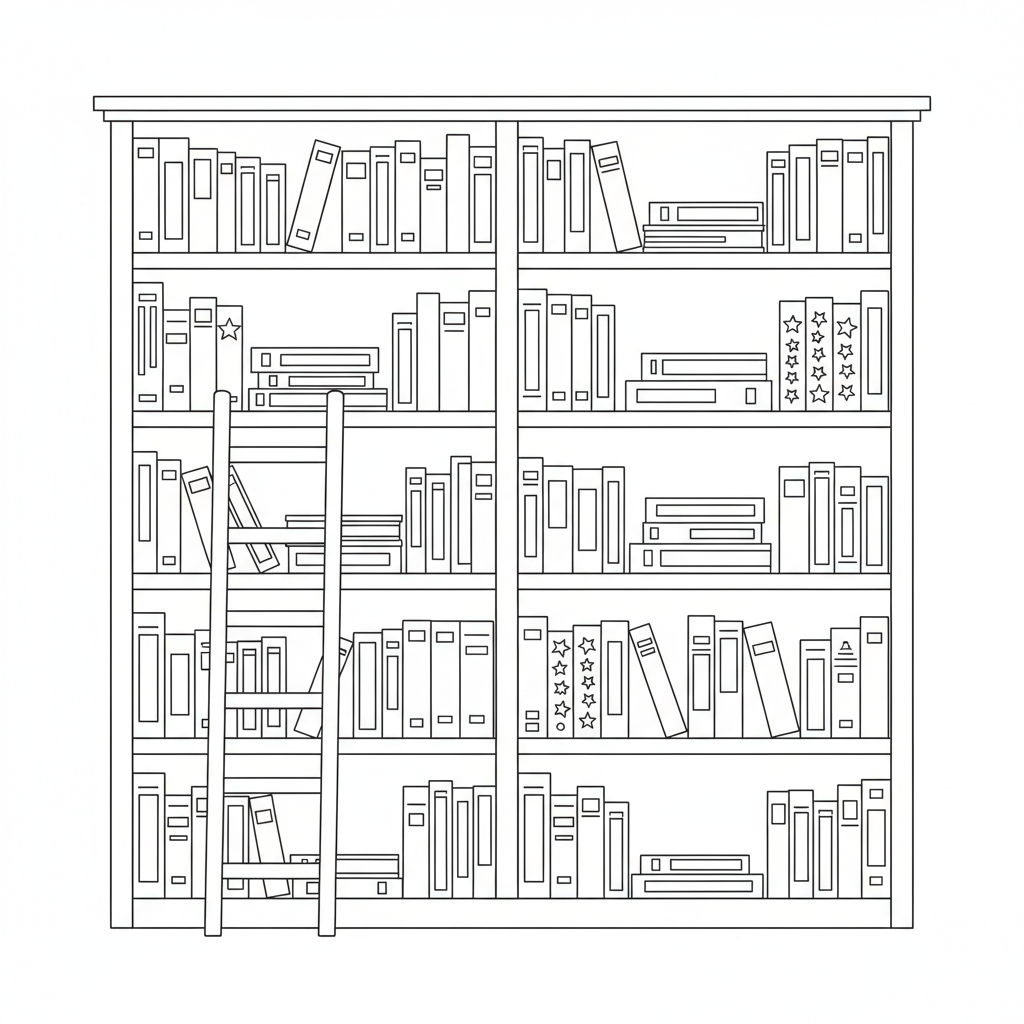 A colorful bookshelf filled with books and a small ladder leaning against it.