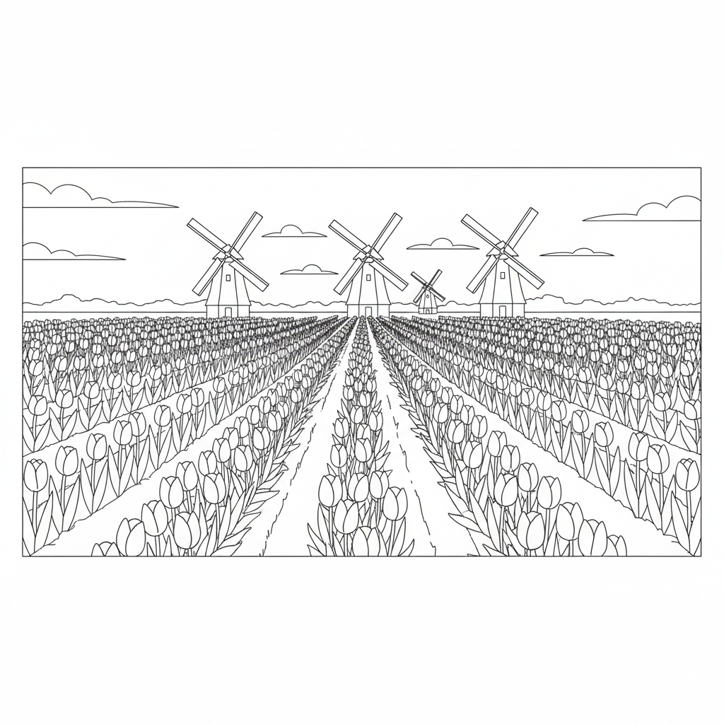 A field of tulips with windmills in the background