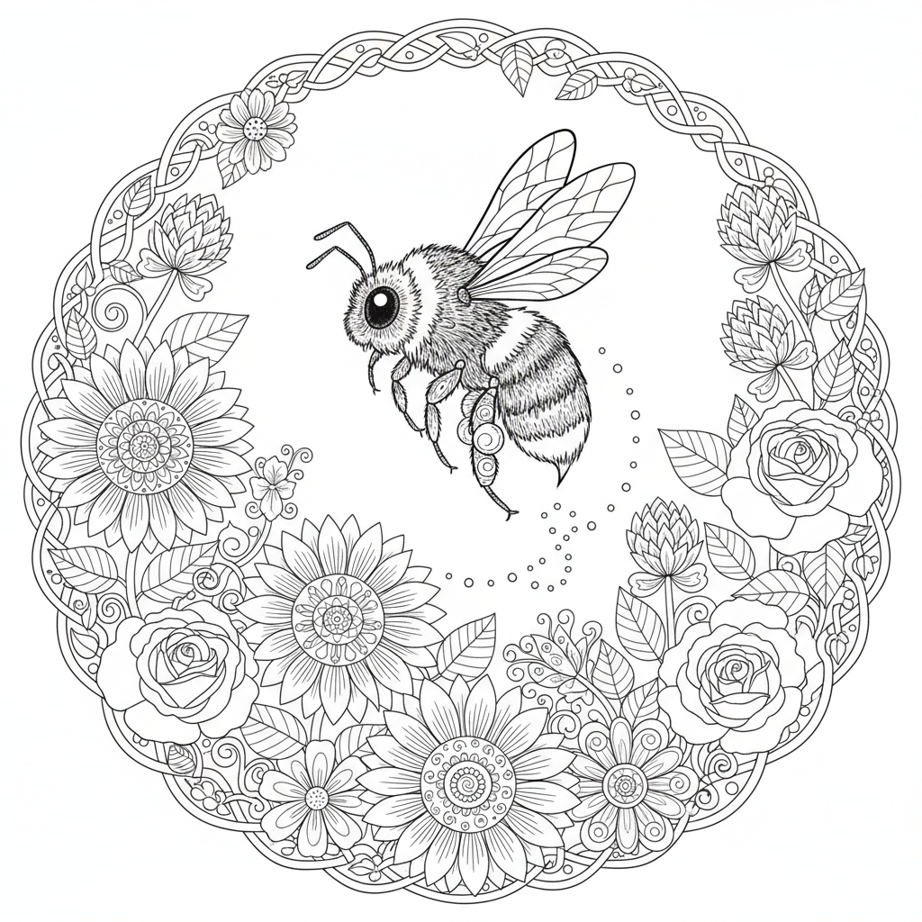 A busy bee buzzing around a patch of blooming flowers, collecting pollen.