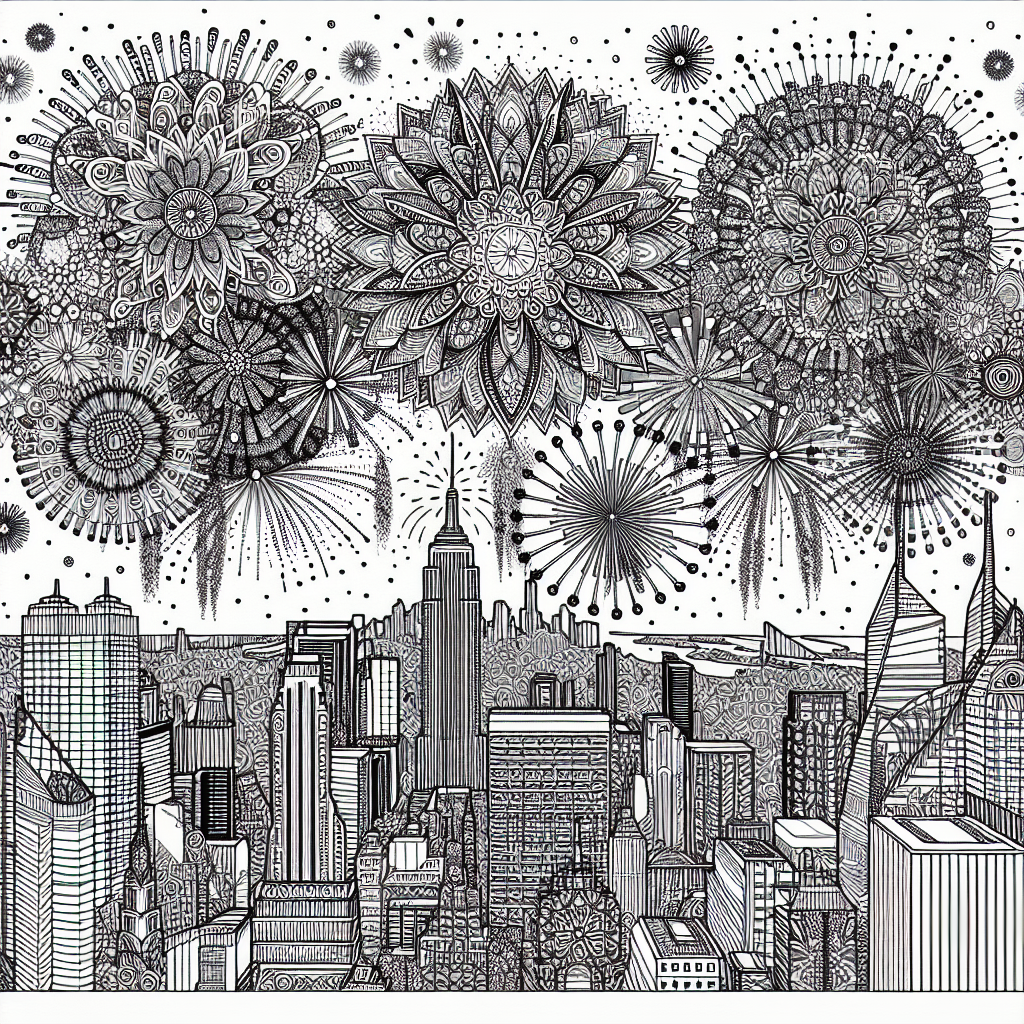 Colorful fireworks bursting in the sky above a city skyline celebrating the New Year.