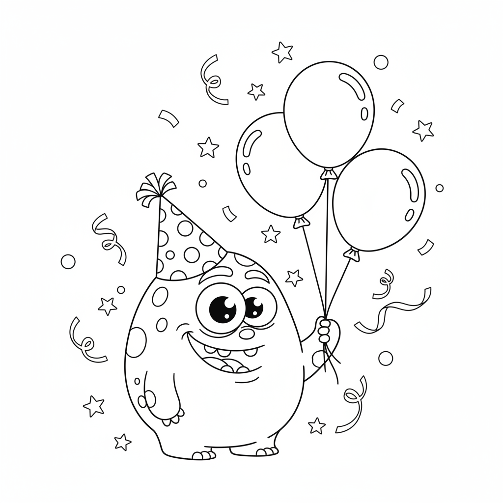 A silly monster wearing a party hat and blowing up balloons for a celebration.