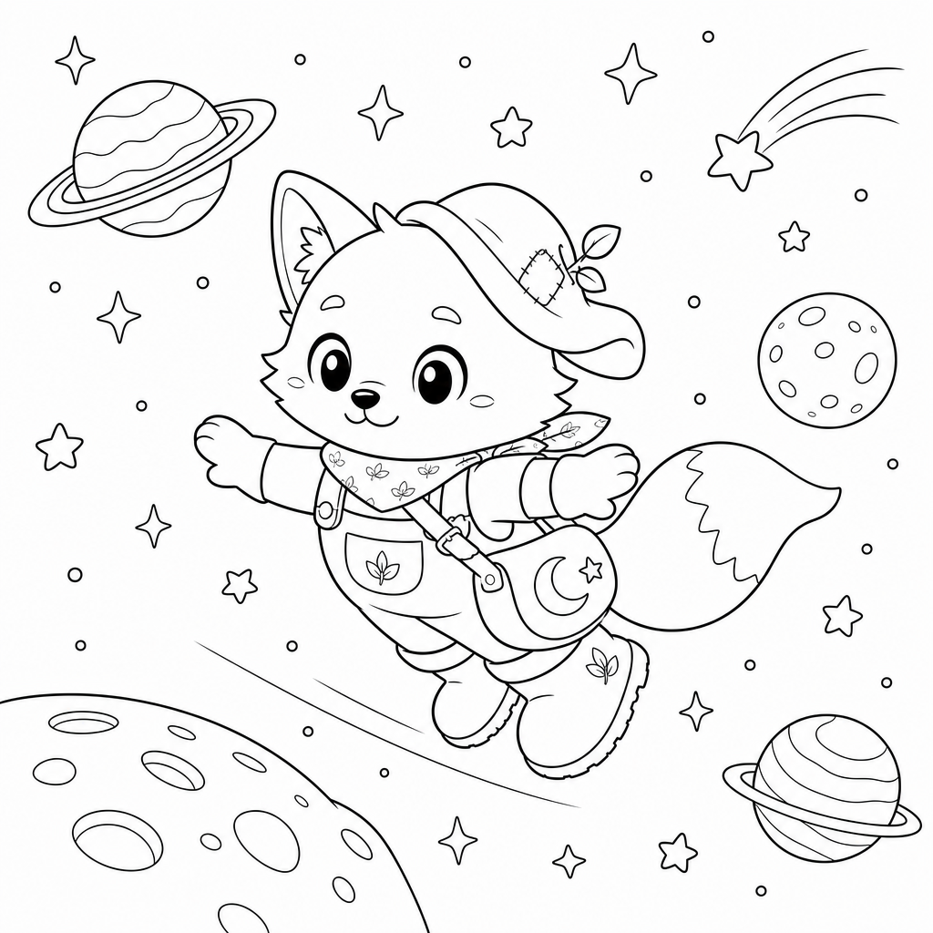 @milo gliding through space with his crescent-moon satchel, surrounded by twinkling stars and planets.