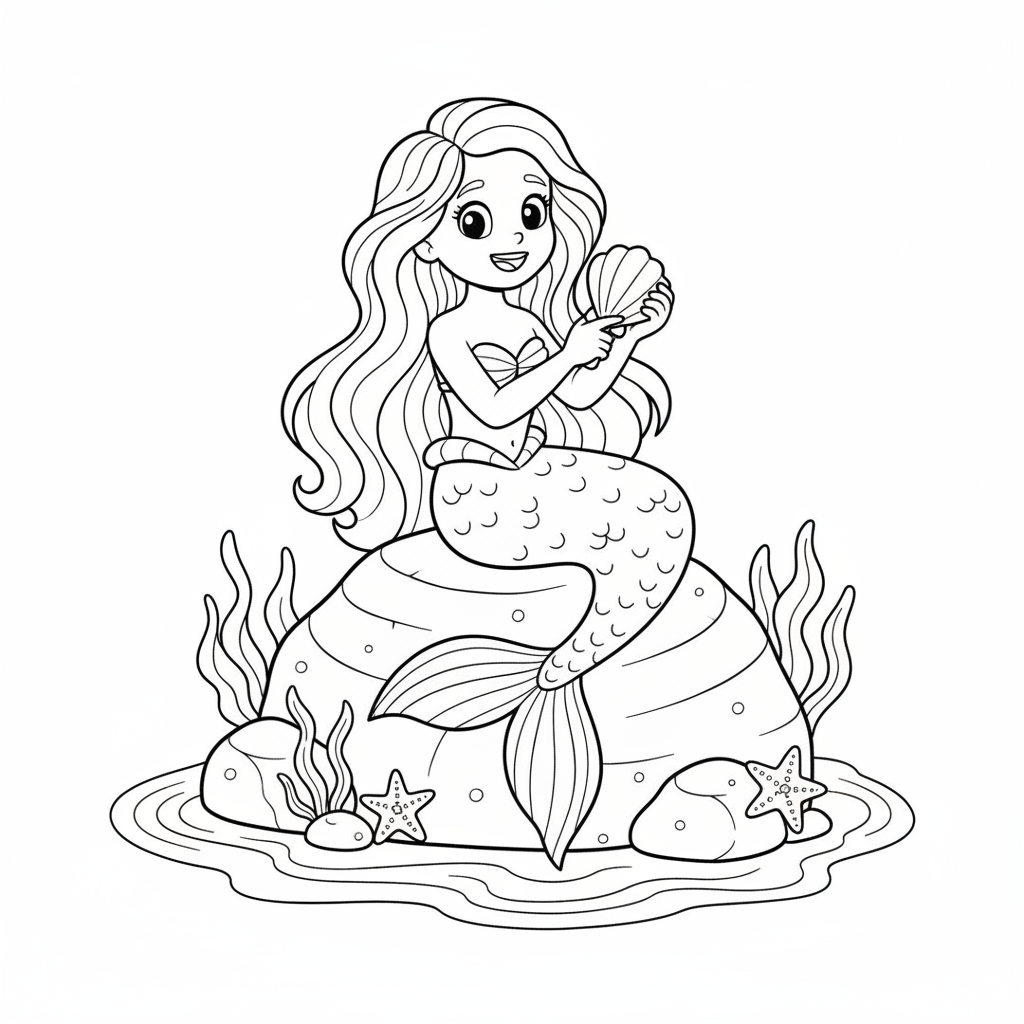 A playful mermaid sitting on a rock, brushing her long flowing hair with a shell.