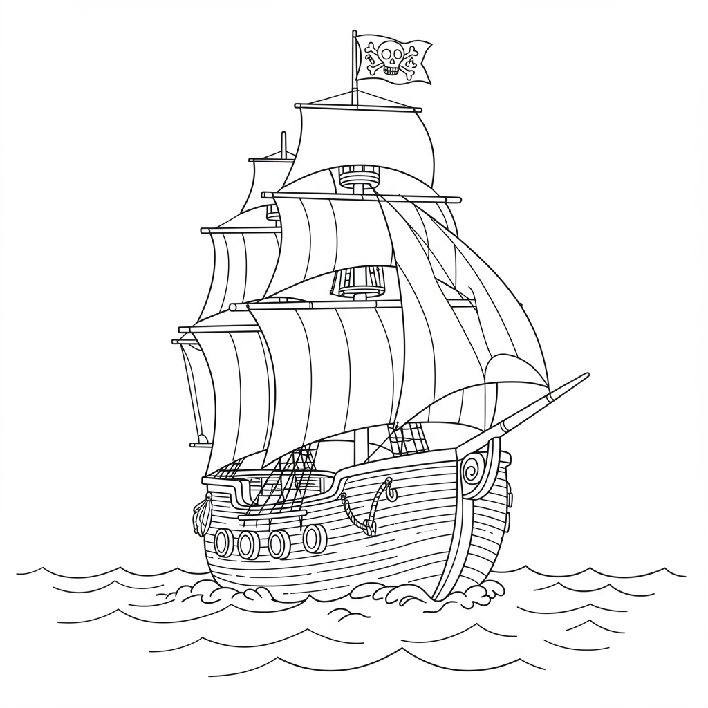 A pirate ship sailing on the ocean with a skull and crossbones flag flying high.