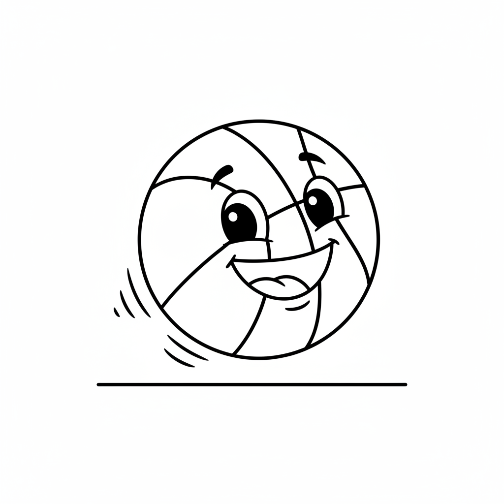 A basketball bouncing on the ground with a big smiley face.