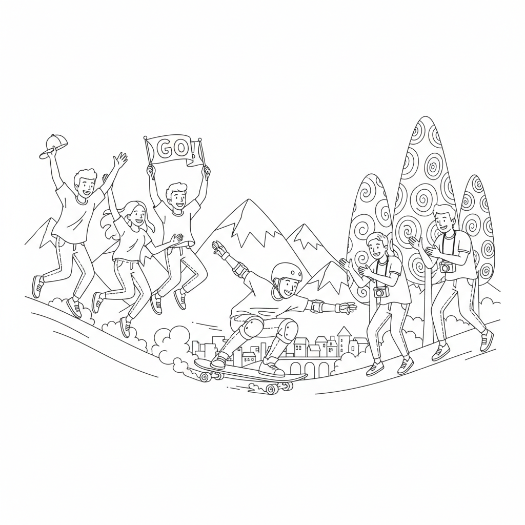 A group of friends cheering as one skater rides down a steep hill.