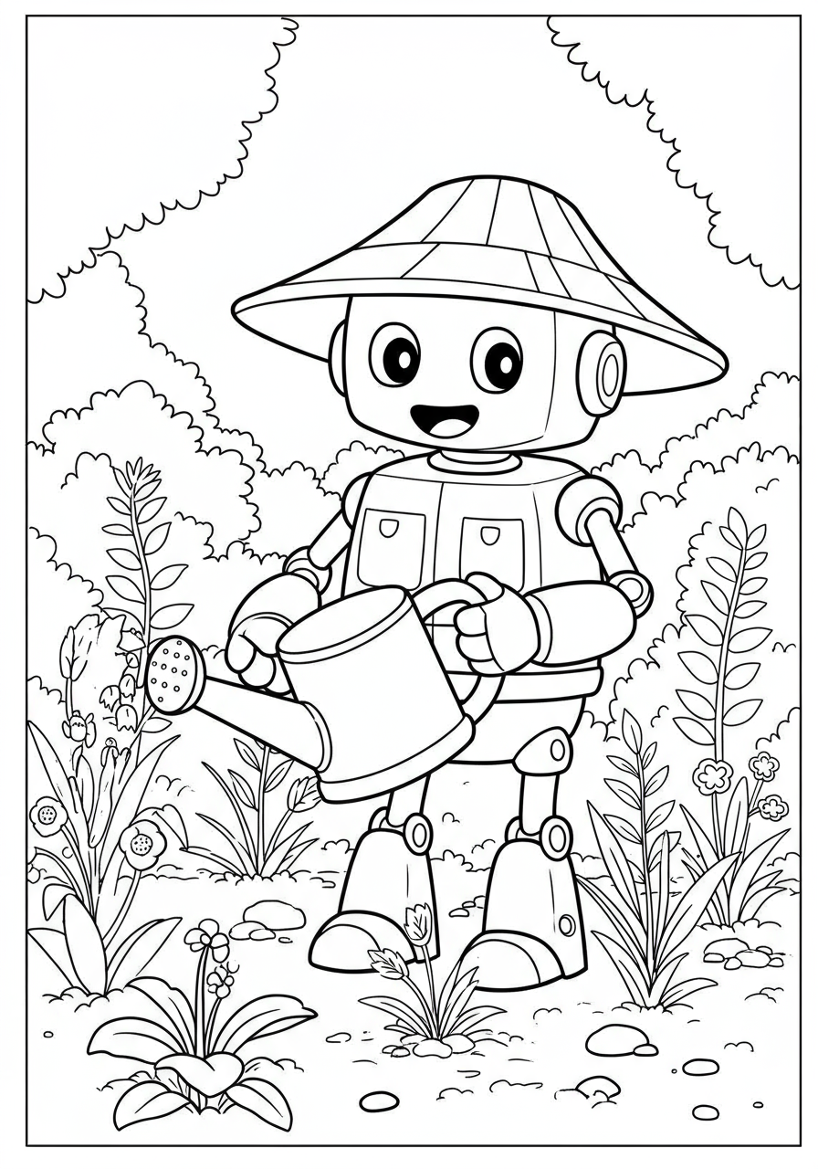 A friendly robot gardener watering plants with a smile in a lush, green garden.