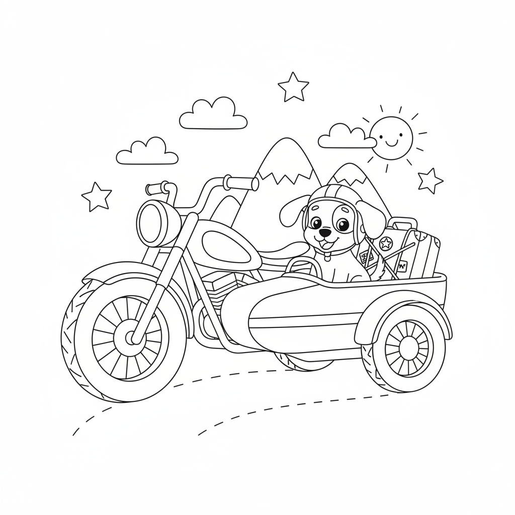 A motorcycle with a sidecar, carrying a puppy and a suitcase on a fun adventure.