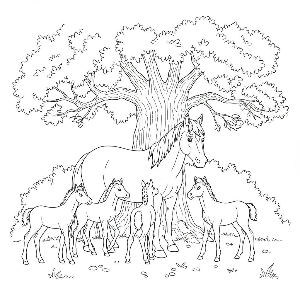 A wise old horse standing under a big oak tree, sharing stories with a group of curious foals.
