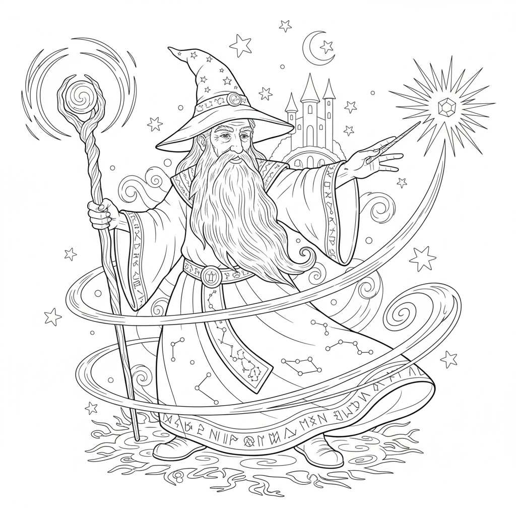 A wise wizard with a long beard casting a spell with a glowing wand.